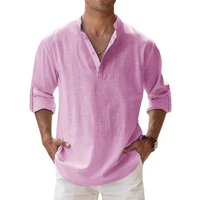 Ropa de calle, camisas ligeras para hombre, camisas de lino y algodón Henley de manga larga para hombre, camisas hawaianas de playa, camisetas con cuello transpirable