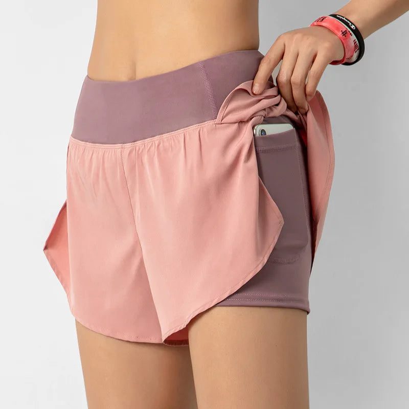 Pantalones cortos deportivos de doble cubierta para mujer, ropa deportiva para correr, Yoga, gimnasio, entrenamiento, trotar, Verano