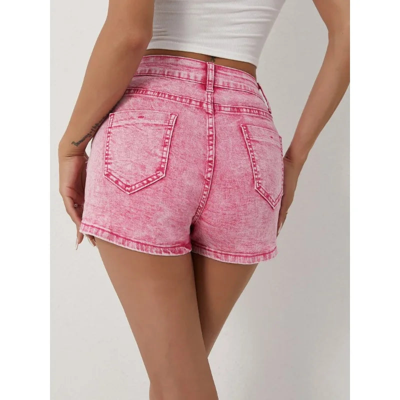 Pantalones cortos de mezclilla para mujer, estilo informal a la moda, pantalones de talle alto con botones asimétricos, nuevos pantalones vaqueros rosas 2025