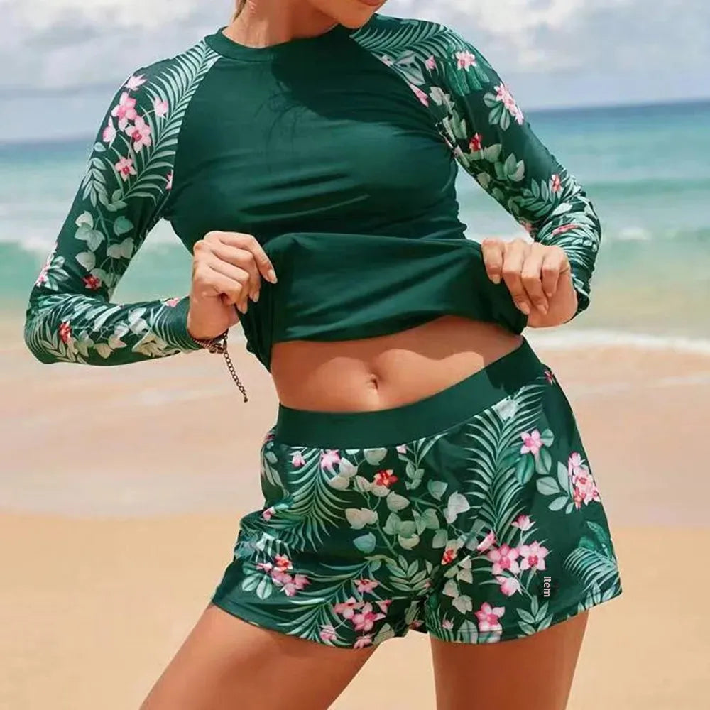 Nuevo conjunto de Bikini estampado de manga larga con cuello redondo protección solar ajustado trajes de baño separados para mujer marca china AE Stock