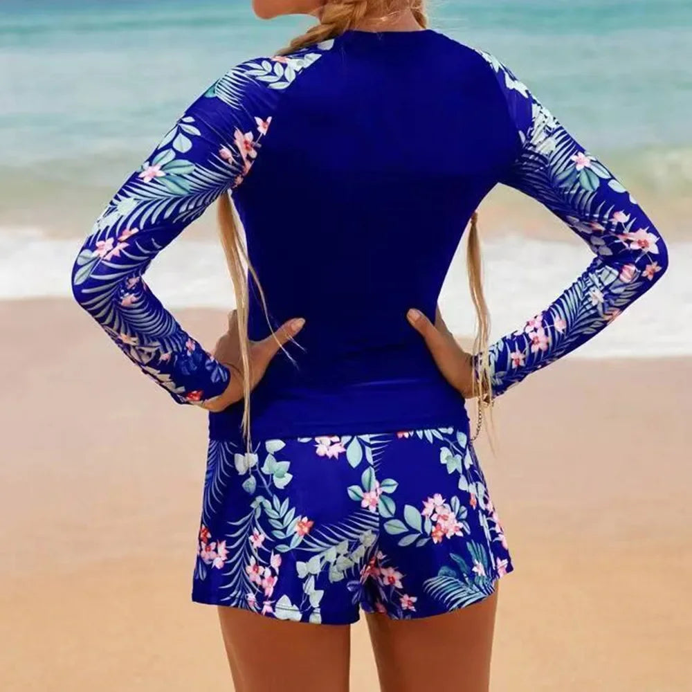 Nuevo conjunto de Bikini estampado de manga larga con cuello redondo protección solar ajustado trajes de baño separados para mujer marca china AE Stock