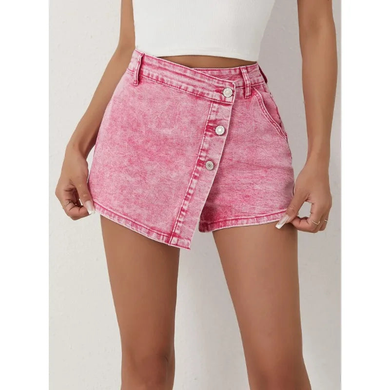 Pantalones cortos de mezclilla para mujer, estilo informal a la moda, pantalones de talle alto con botones asimétricos, nuevos pantalones vaqueros rosas 2025