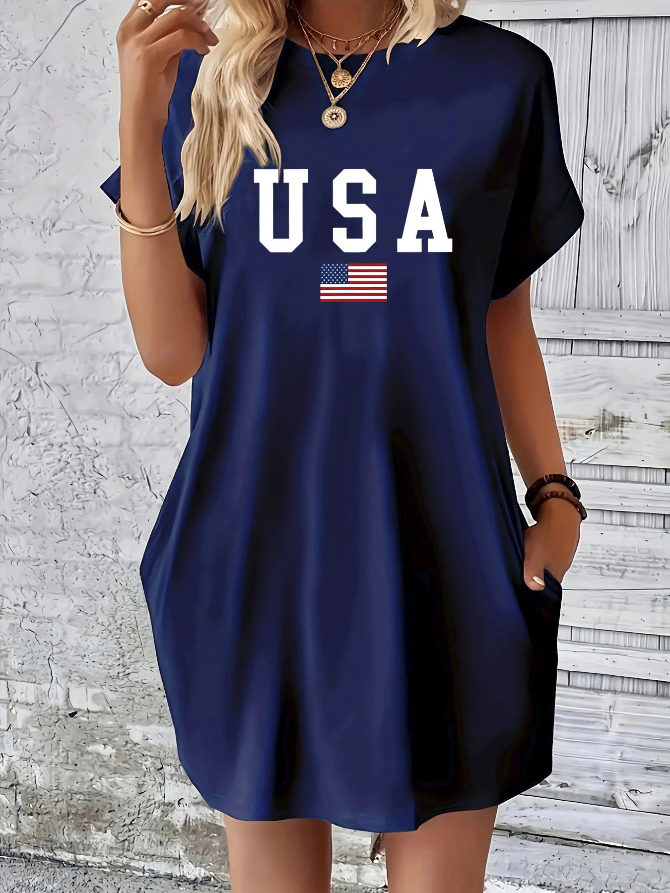 Vestido informal cómodo con bolsillo y manga corta y cuello redondo con estampado de bandera de EE. UU. clásico holgado de verano para mujer