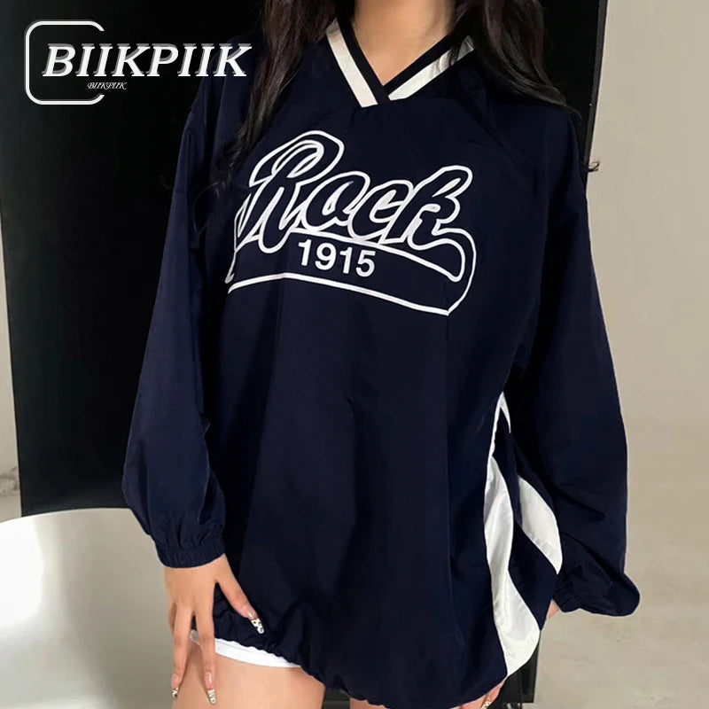 BIIKPIIK-Sudadera larga con capucha y cuello en V para mujer, abrigo informal con estampado de letras y rayas laterales, moda de otoño, combina con todo