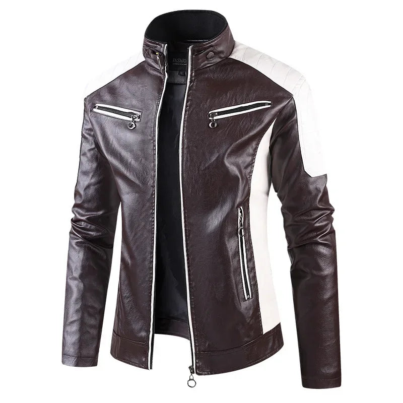2025 nuevas chaquetas de bicicleta de motocicleta de cuero PU con cuello levantado bloqueado de Color para hombres, abrigo de PU informal fino multicolor para primavera y otoño