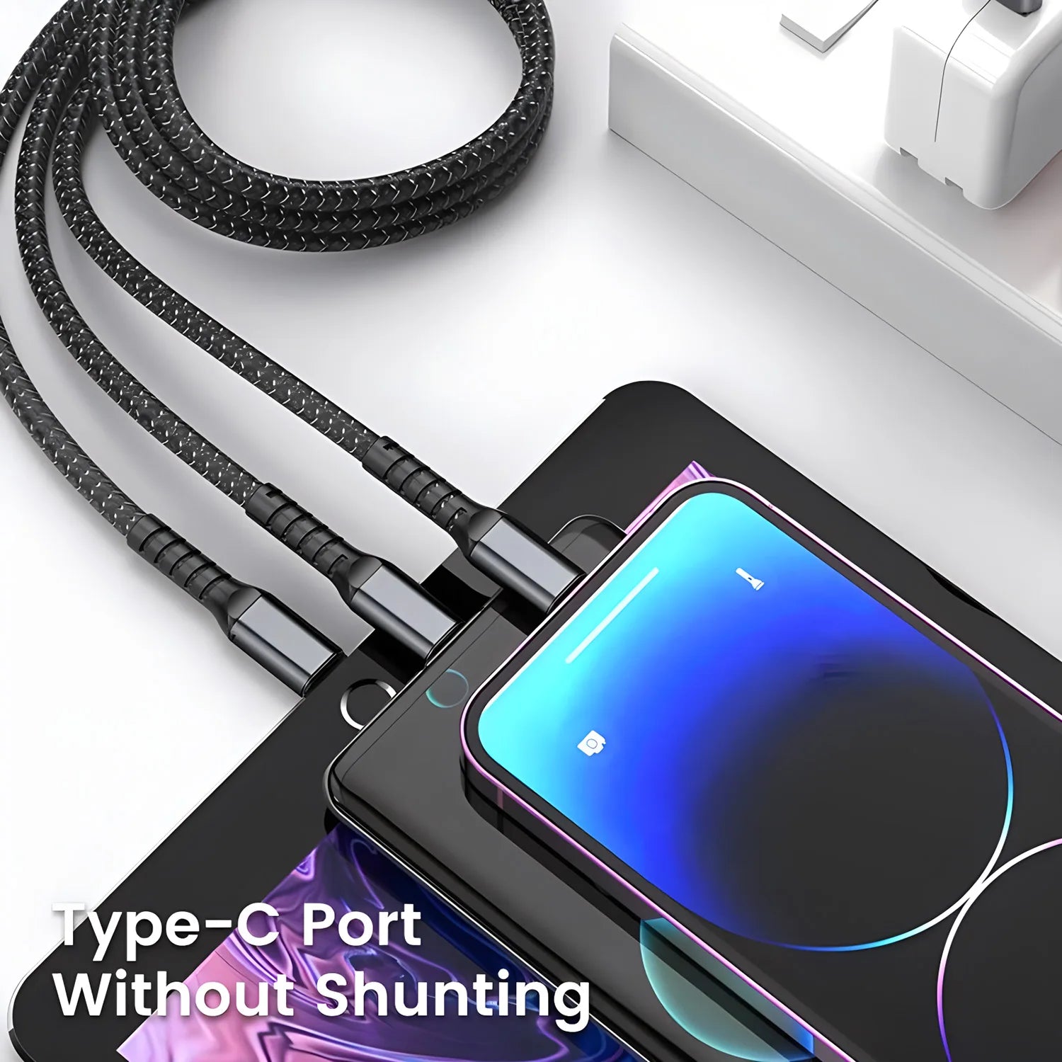 Cable de carga rápida de 100W, Cable cargador múltiple, nailon trenzado, USB múltiple, adaptador de Cable de carga Universal 3 en 1 con Micro tipo C