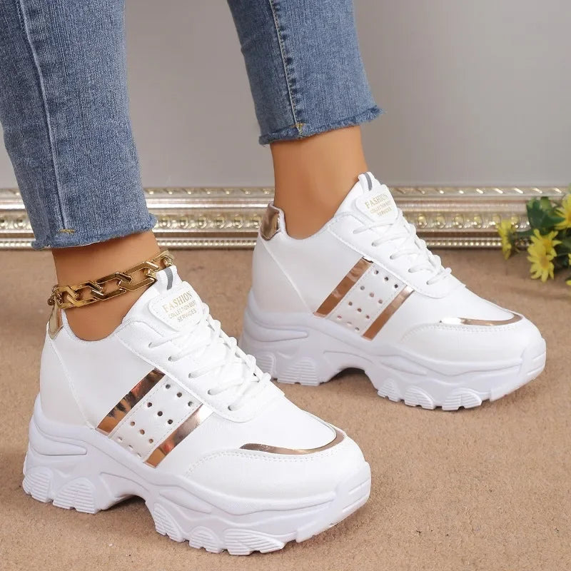 Zapatillas de deporte para mujer, zapatos informales con cuña de verano, de piel sintética con cordones, vulcanizadas, para exteriores, antideslizantes, 2025