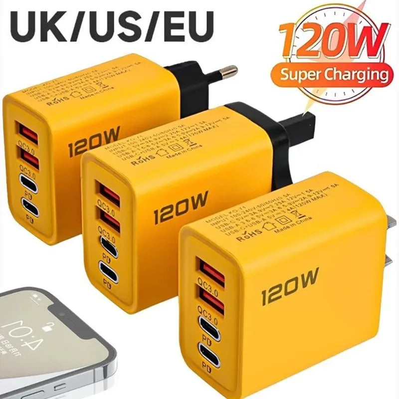 Cargador de teléfono móvil de 4 puertos de carga rápida de 120W QC3.0 cargadores USB tipo C adaptador de pared PD Dual enchufe UE/EE. UU./Reino Unido para iPhone15 Xiaomi