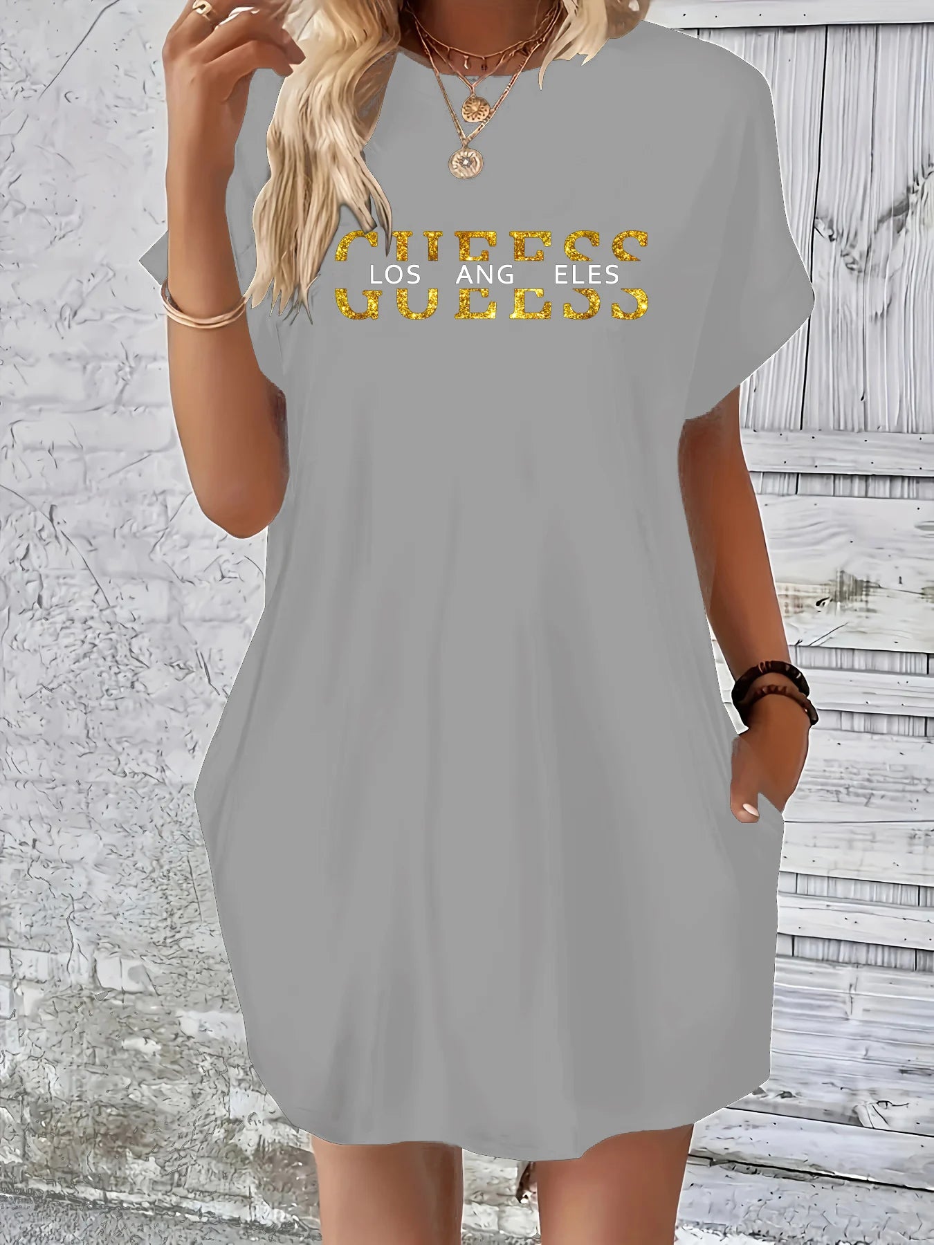 Vestido holgado de verano para mujer GUEESS Los Ángeles con estampado de letras, cuello redondo, manga corta, bolsillo, cómodo, informal, de talla grande