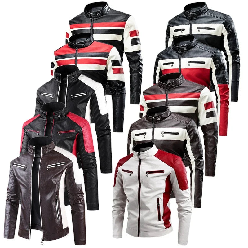 2025 nuevas chaquetas de bicicleta de motocicleta de cuero PU con cuello levantado bloqueado de Color para hombres, abrigo de PU informal fino multicolor para primavera y otoño