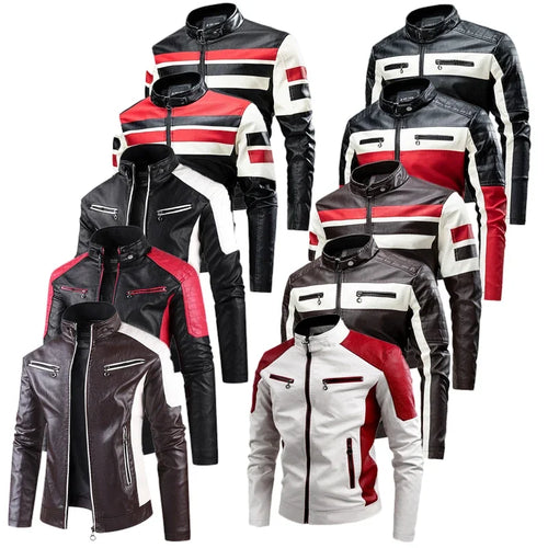 2025 nuevas chaquetas de bicicleta de motocicleta de cuero PU con cuello levantado bloqueado de Color para hombres, abrigo de PU informal fino multicolor para primavera y otoño