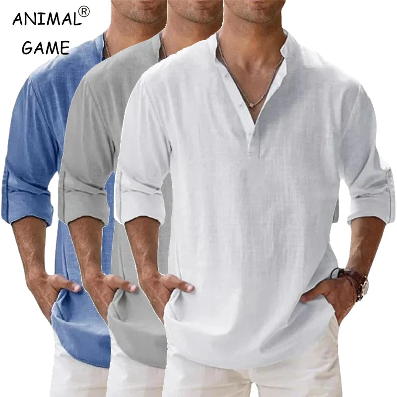 Ropa de calle, camisas ligeras para hombre, camisas de lino y algodón Henley de manga larga para hombre, camisas hawaianas de playa, camisetas con cuello transpirable