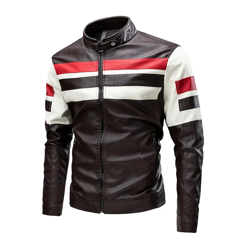 2025 nuevas chaquetas de bicicleta de motocicleta de cuero PU con cuello levantado bloqueado de Color para hombres, abrigo de PU informal fino multicolor para primavera y otoño