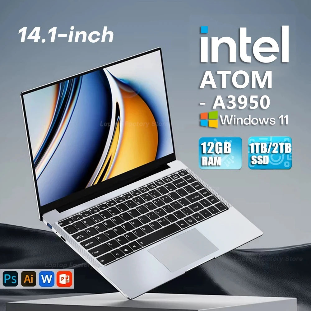 Computadora portátil de 14,1 pulgadas Windows 11 Intel Atom A3950 Netbook 1920*1080 portátil Intel 12GB RAM 1TB 2TB SSD ordenador portátiles