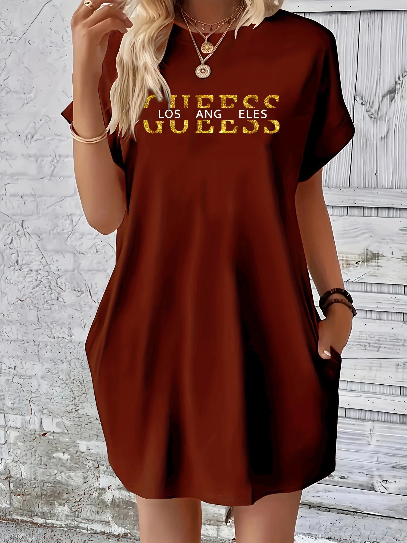 Vestido holgado de verano para mujer GUEESS Los Ángeles con estampado de letras, cuello redondo, manga corta, bolsillo, cómodo, informal, de talla grande