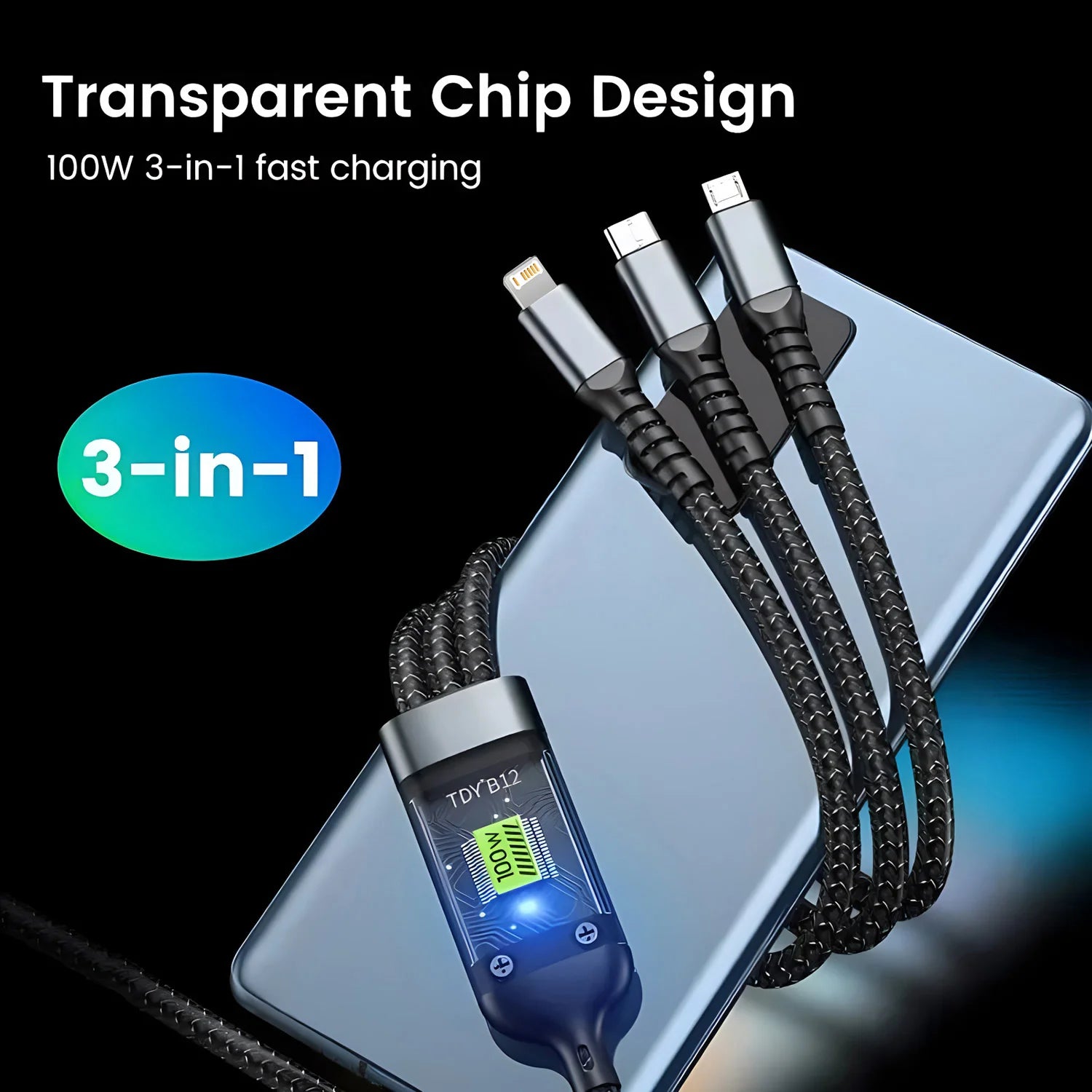 Cable de carga rápida de 100W, Cable cargador múltiple, nailon trenzado, USB múltiple, adaptador de Cable de carga Universal 3 en 1 con Micro tipo C
