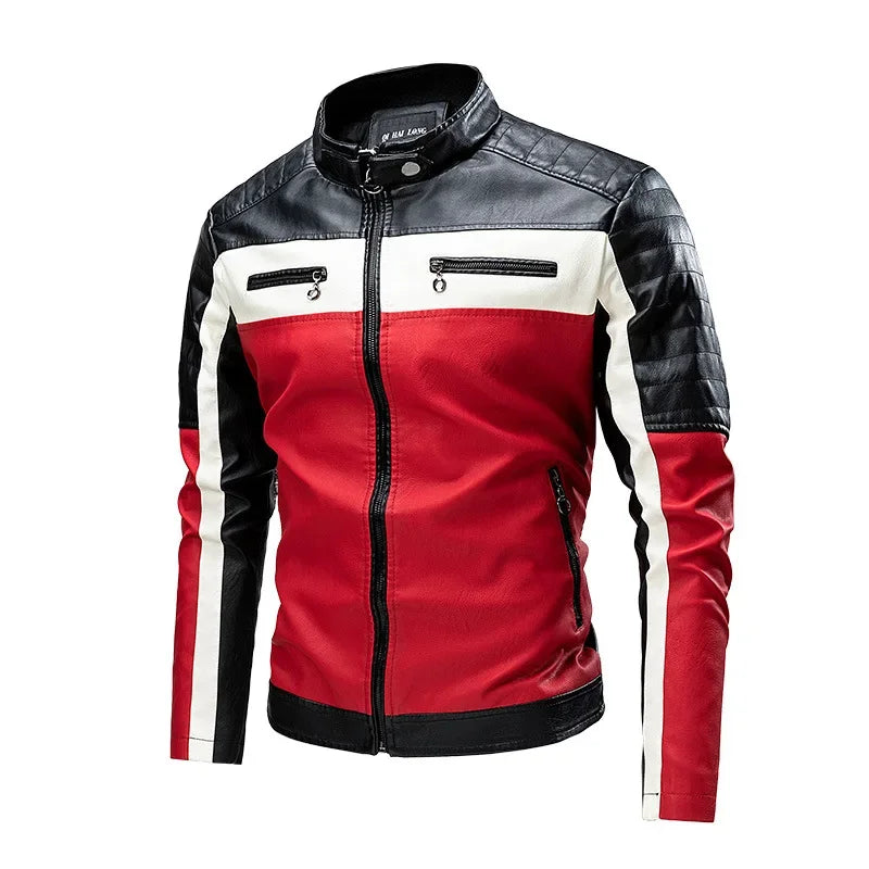 2025 nuevas chaquetas de bicicleta de motocicleta de cuero PU con cuello levantado bloqueado de Color para hombres, abrigo de PU informal fino multicolor para primavera y otoño