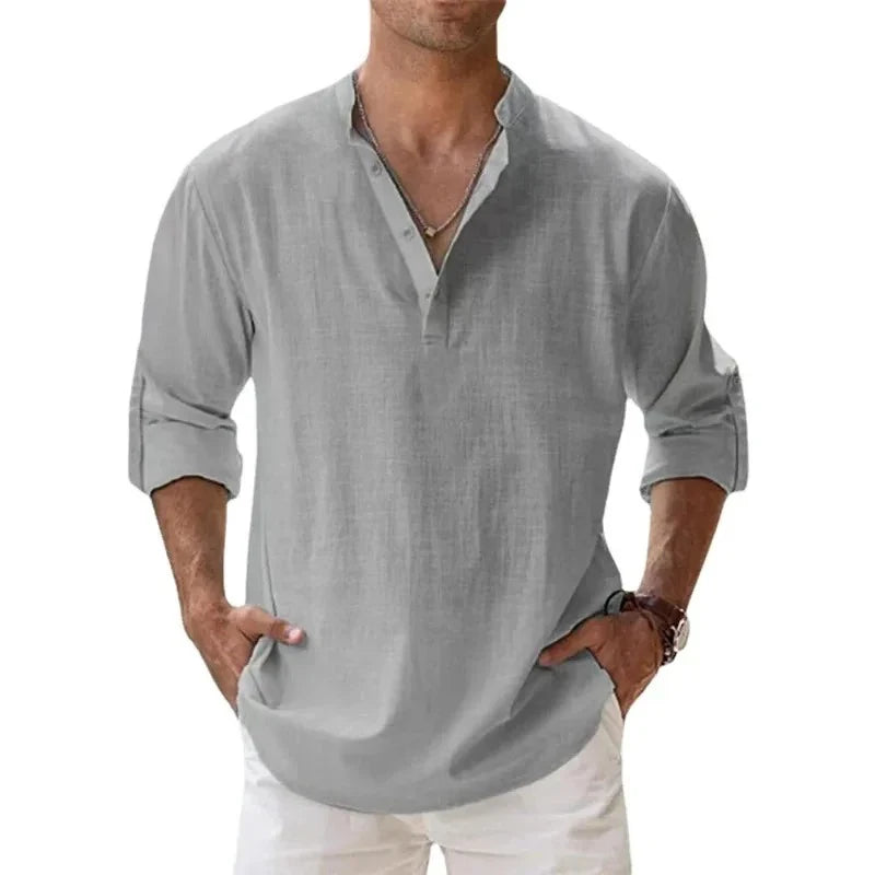 Ropa de calle, camisas ligeras para hombre, camisas de lino y algodón Henley de manga larga para hombre, camisas hawaianas de playa, camisetas con cuello transpirable