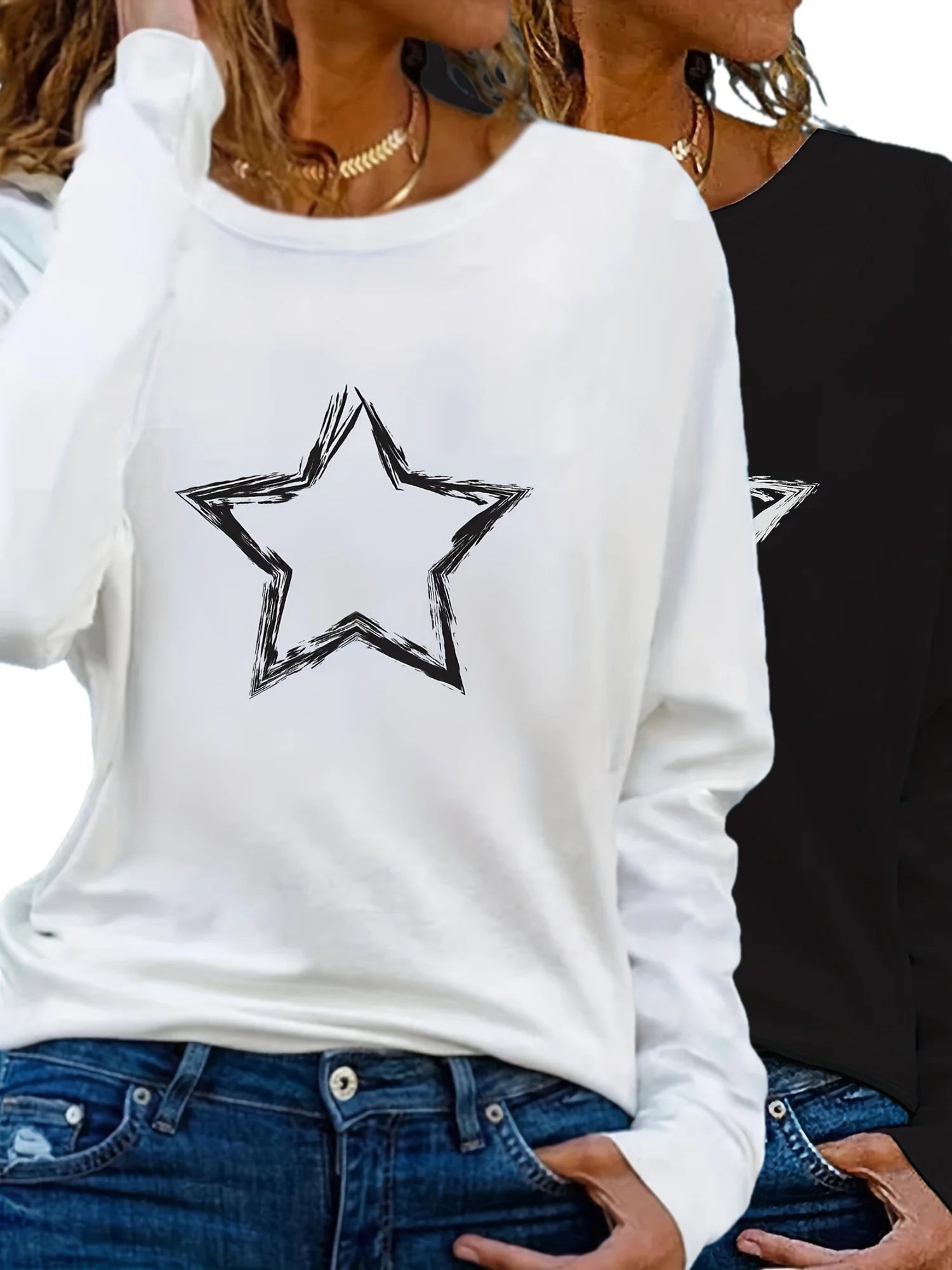 Camiseta con cuello redondo y estampado de corazón para mujer, top informal largo de otoño e invierno, camiseta de manga larga holgada y cómoda en blanco y negro