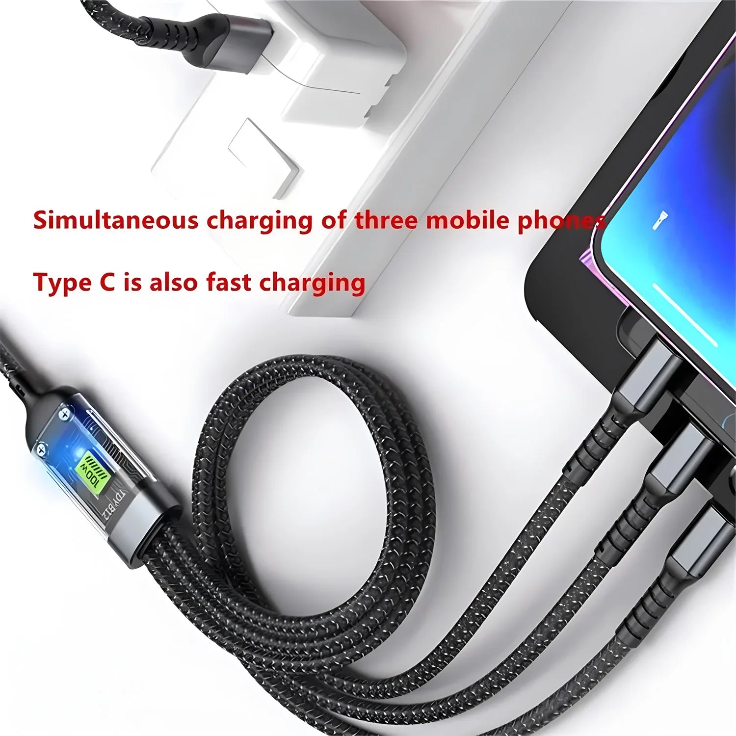 Cable de carga rápida de 100W, Cable cargador múltiple, nailon trenzado, USB múltiple, adaptador de Cable de carga Universal 3 en 1 con Micro tipo C