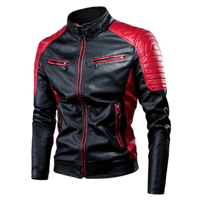 2025 nuevas chaquetas de bicicleta de motocicleta de cuero PU con cuello levantado bloqueado de Color para hombres, abrigo de PU informal fino multicolor para primavera y otoño