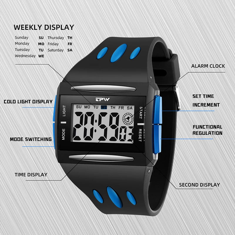 Reloj Digital de tendencia a la moda para niños jóvenes, nuevo reloj electrónico multifuncional luminoso resistente al agua con pantalla grande para hombres