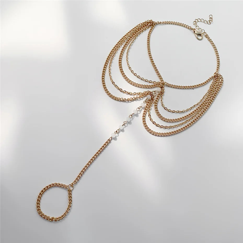 Nueva playa descalzo sandalia joyería elegante novia Sexy mujer moda encanto capa cadena enlace cuentas de cristal pie tobillera pulsera