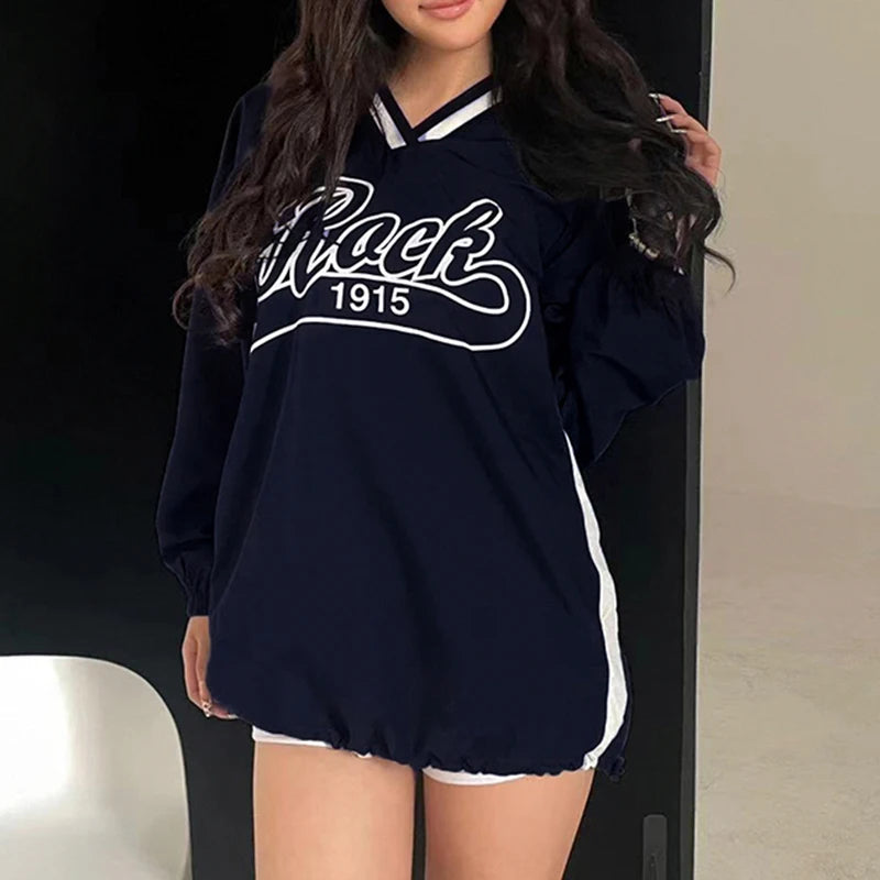BIIKPIIK-Sudadera larga con capucha y cuello en V para mujer, abrigo informal con estampado de letras y rayas laterales, moda de otoño, combina con todo