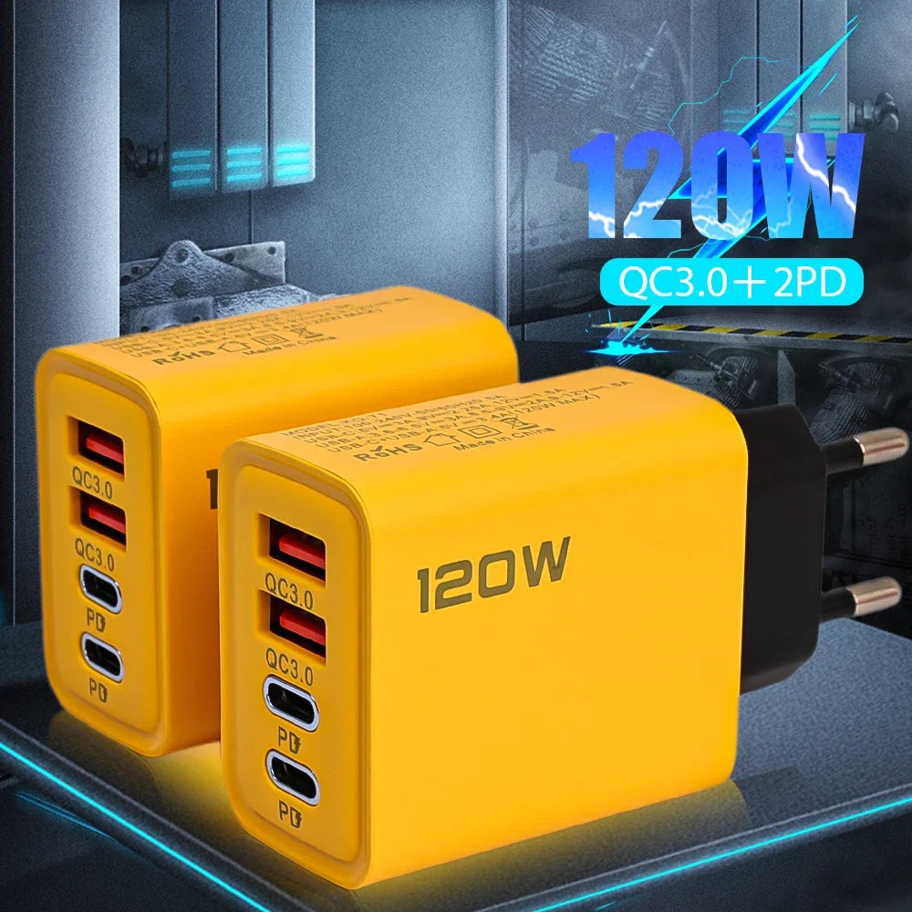 Cargador de teléfono móvil de 4 puertos de carga rápida de 120W QC3.0 cargadores USB tipo C adaptador de pared PD Dual enchufe UE/EE. UU./Reino Unido para iPhone15 Xiaomi
