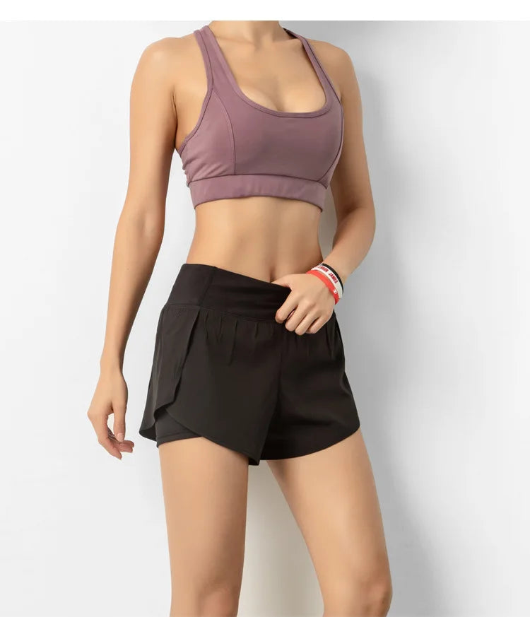 Pantalones cortos deportivos de doble cubierta para mujer, ropa deportiva para correr, Yoga, gimnasio, entrenamiento, trotar, Verano