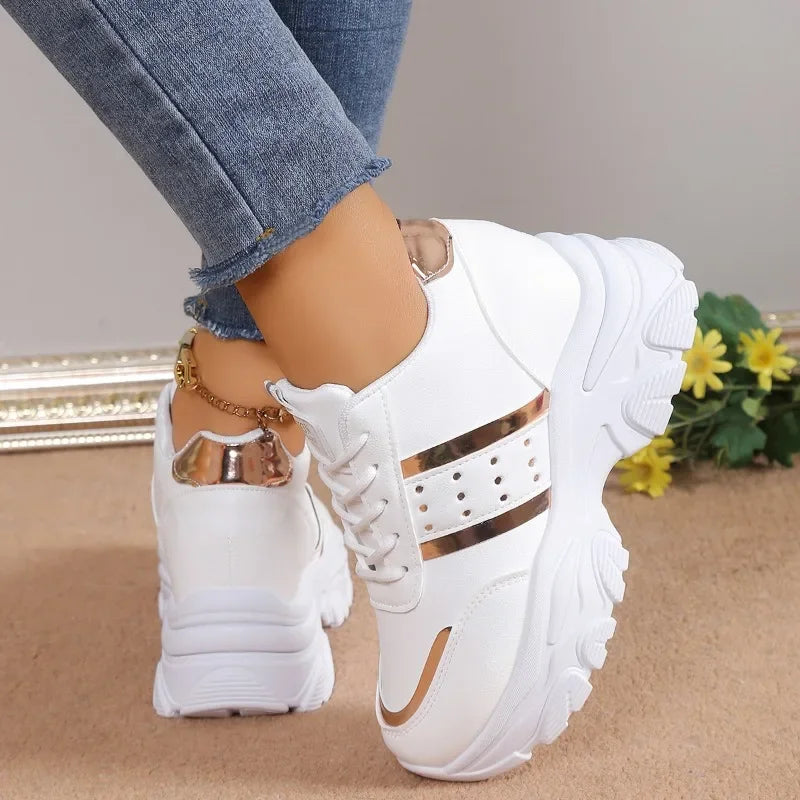 Zapatillas de deporte para mujer, zapatos informales con cuña de verano, de piel sintética con cordones, vulcanizadas, para exteriores, antideslizantes, 2025