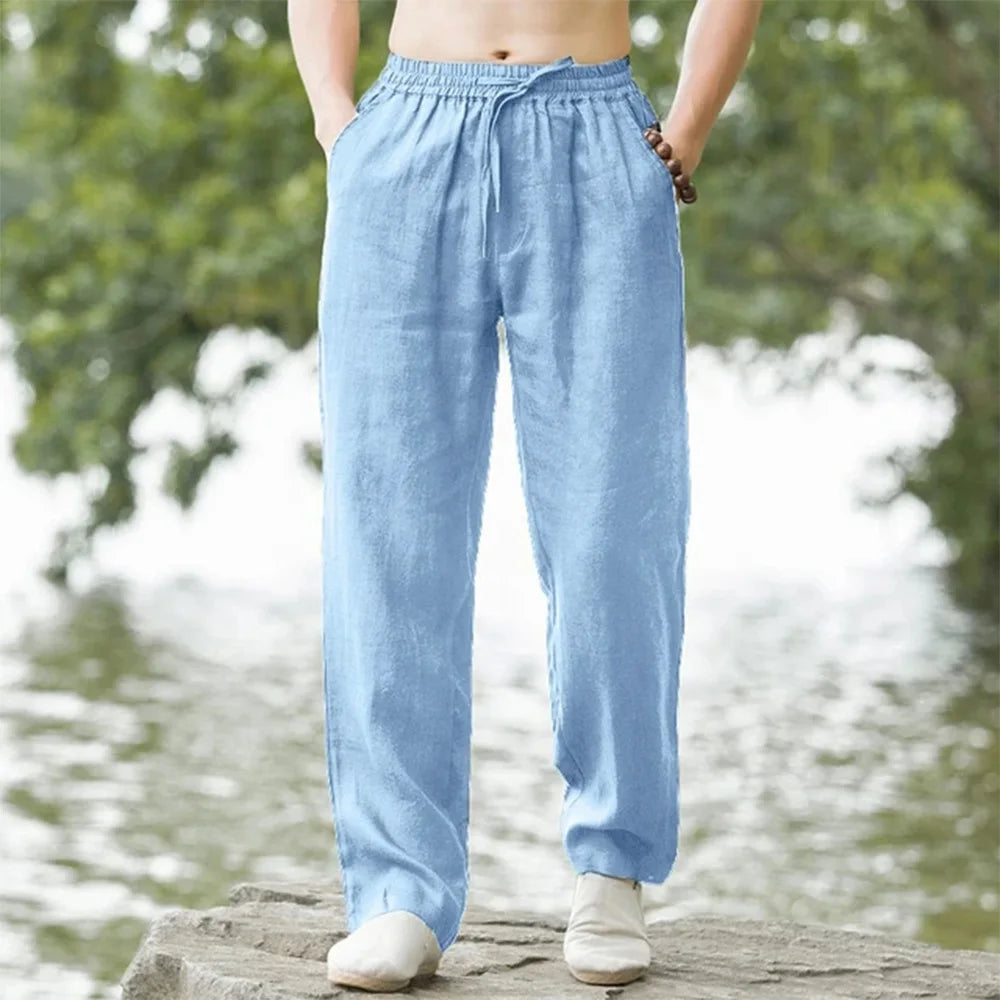 Pantalones de playa para hombre, ropa de calle, pantalones de chándal de lino y algodón, pantalones casuales, vacaciones hawaianas, sueltos, largos de verano