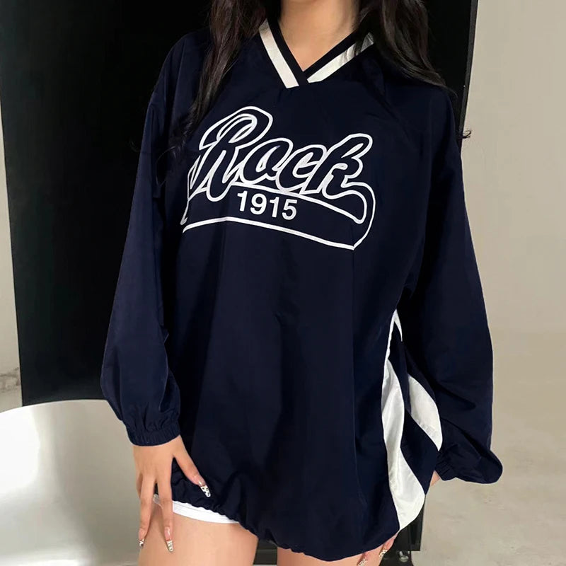 BIIKPIIK-Sudadera larga con capucha y cuello en V para mujer, abrigo informal con estampado de letras y rayas laterales, moda de otoño, combina con todo