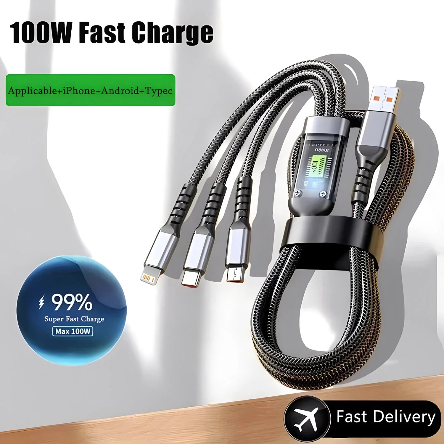 Cable de carga rápida de 100W, Cable cargador múltiple, nailon trenzado, USB múltiple, adaptador de Cable de carga Universal 3 en 1 con Micro tipo C