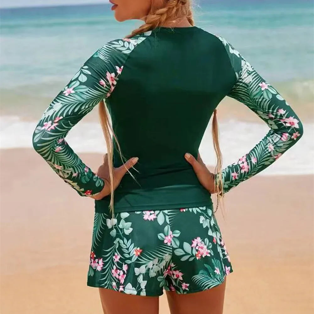 Nuevo conjunto de Bikini estampado de manga larga con cuello redondo protección solar ajustado trajes de baño separados para mujer marca china AE Stock