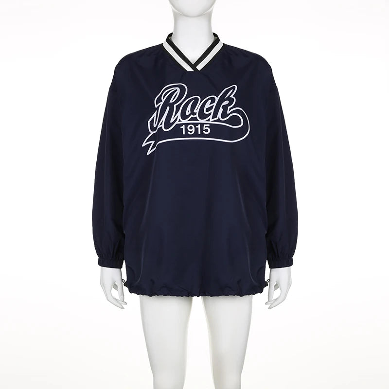 BIIKPIIK-Sudadera larga con capucha y cuello en V para mujer, abrigo informal con estampado de letras y rayas laterales, moda de otoño, combina con todo
