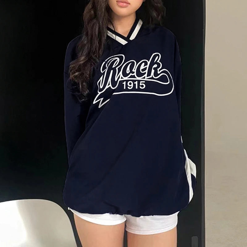 BIIKPIIK-Sudadera larga con capucha y cuello en V para mujer, abrigo informal con estampado de letras y rayas laterales, moda de otoño, combina con todo