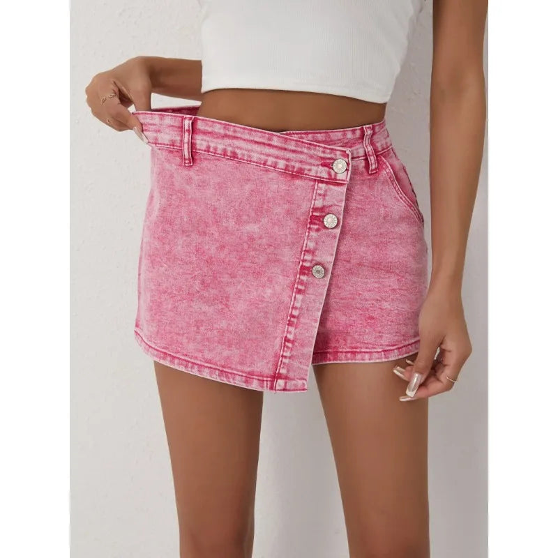 Pantalones cortos de mezclilla para mujer, estilo informal a la moda, pantalones de talle alto con botones asimétricos, nuevos pantalones vaqueros rosas 2025