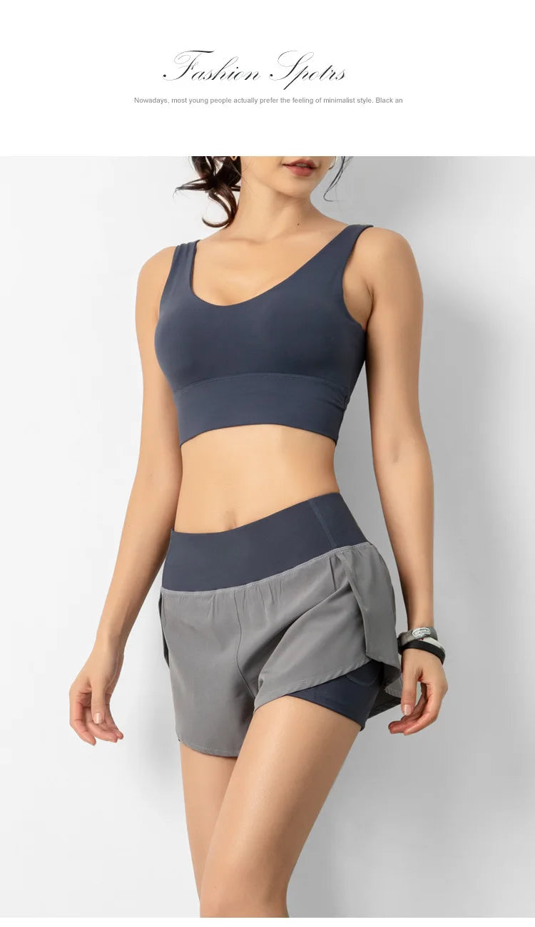 Pantalones cortos deportivos de doble cubierta para mujer, ropa deportiva para correr, Yoga, gimnasio, entrenamiento, trotar, Verano