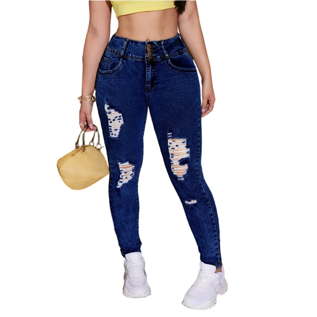 Pantalones vaqueros rasgados de tendencia para mujer, pantalones vaqueros ajustados a la moda informales con cintura alta elástica, pantalones vaqueros ajustados con realce de cadera, pantalones pitillo
