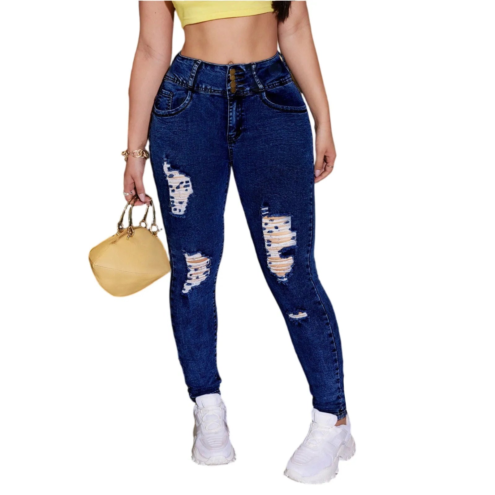 Pantalones vaqueros rasgados de tendencia para mujer, pantalones vaqueros ajustados a la moda informales con cintura alta elástica, pantalones vaqueros ajustados con realce de cadera, pantalones pitillo