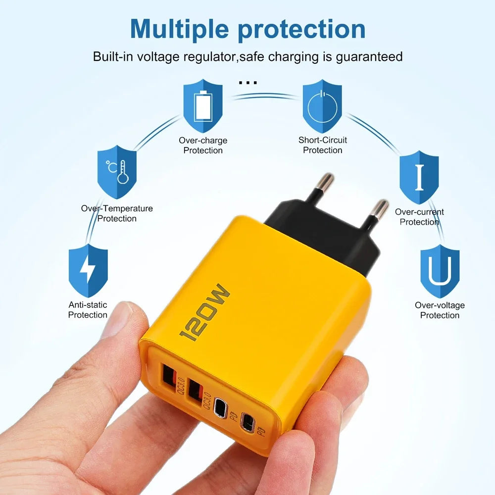 Cargador de teléfono móvil de 4 puertos de carga rápida de 120W QC3.0 cargadores USB tipo C adaptador de pared PD Dual enchufe UE/EE. UU./Reino Unido para iPhone15 Xiaomi
