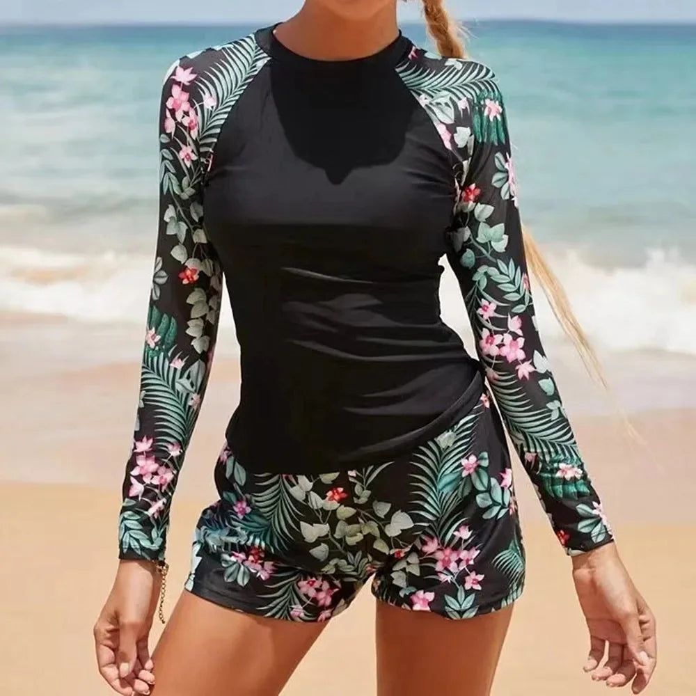 Nuevo conjunto de Bikini estampado de manga larga con cuello redondo protección solar ajustado trajes de baño separados para mujer marca china AE Stock