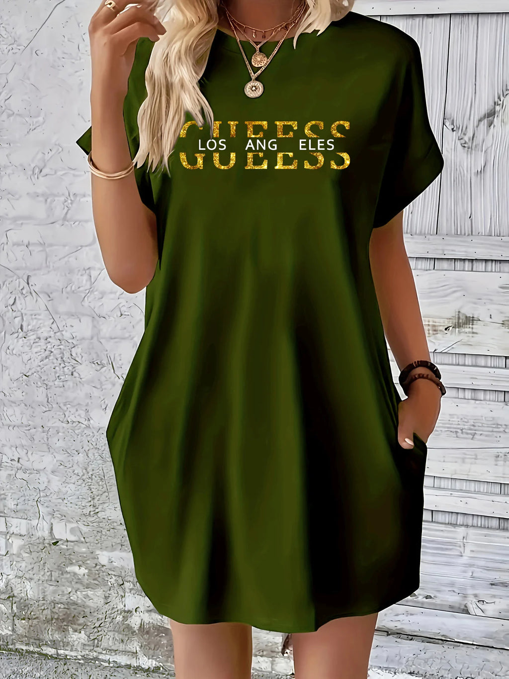 Vestido holgado de verano para mujer GUEESS Los Ángeles con estampado de letras, cuello redondo, manga corta, bolsillo, cómodo, informal, de talla grande