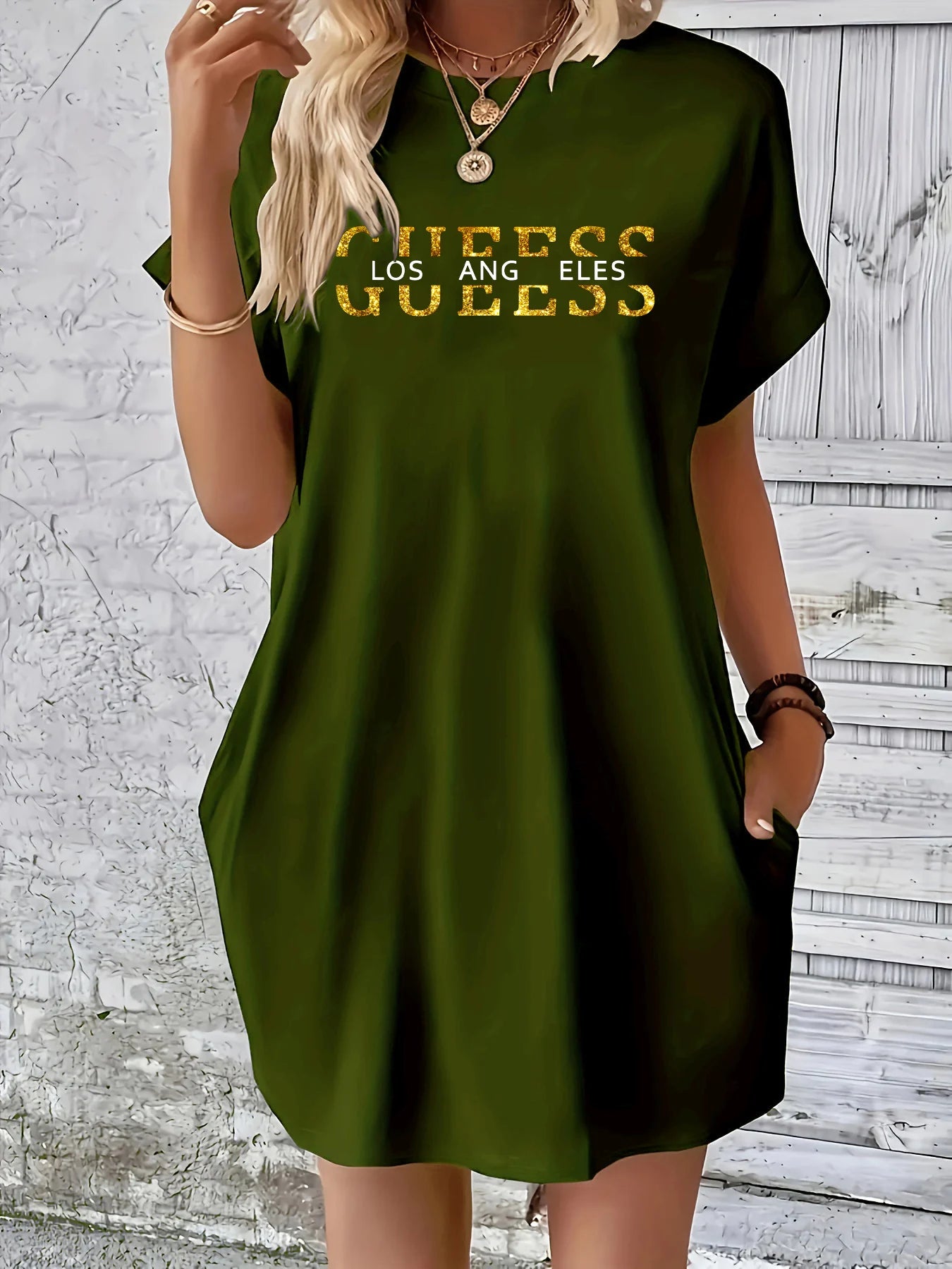 Vestido holgado de verano para mujer GUEESS Los Ángeles con estampado de letras, cuello redondo, manga corta, bolsillo, cómodo, informal, de talla grande