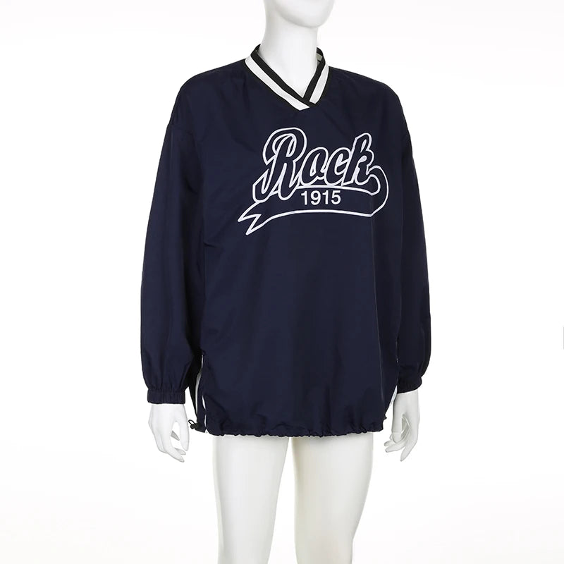 BIIKPIIK-Sudadera larga con capucha y cuello en V para mujer, abrigo informal con estampado de letras y rayas laterales, moda de otoño, combina con todo