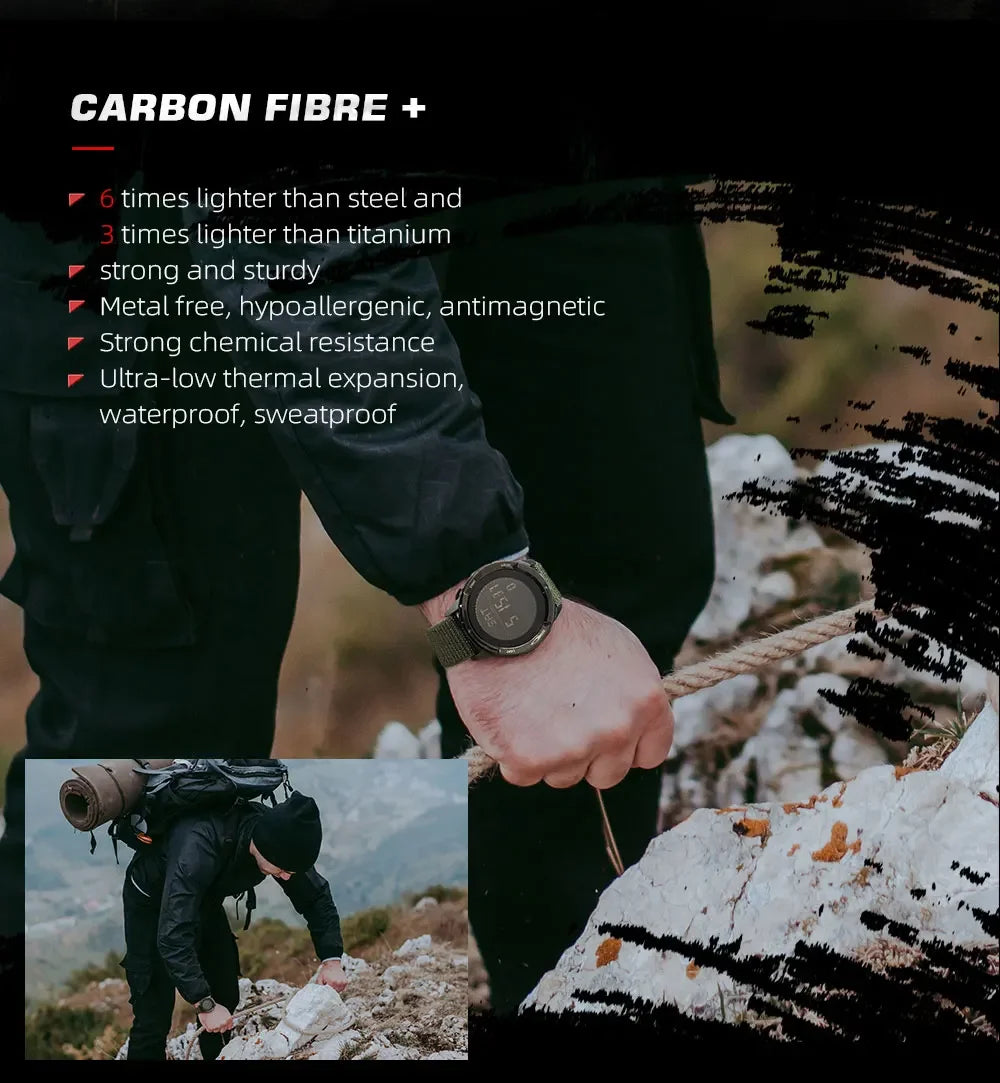 NORTH EDGE ALPS Reloj digital de fibra de carbono para hombre Shock Militray Sports Super ligero Brújula para exteriores Relojes de pulsera impermeables de 50 M