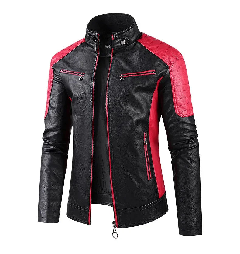 2025 nuevas chaquetas de bicicleta de motocicleta de cuero PU con cuello levantado bloqueado de Color para hombres, abrigo de PU informal fino multicolor para primavera y otoño