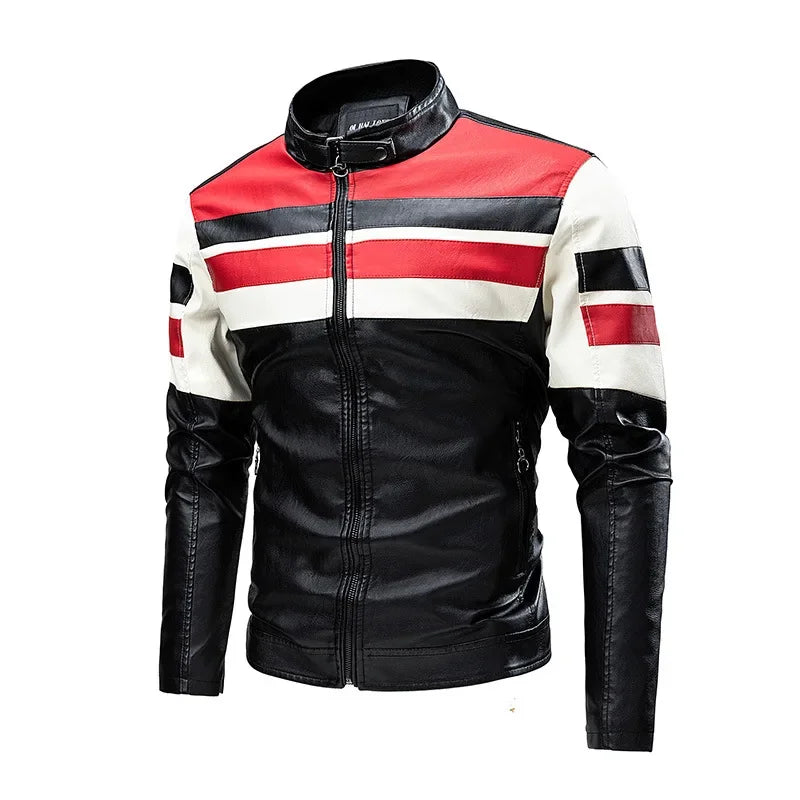 2025 nuevas chaquetas de bicicleta de motocicleta de cuero PU con cuello levantado bloqueado de Color para hombres, abrigo de PU informal fino multicolor para primavera y otoño