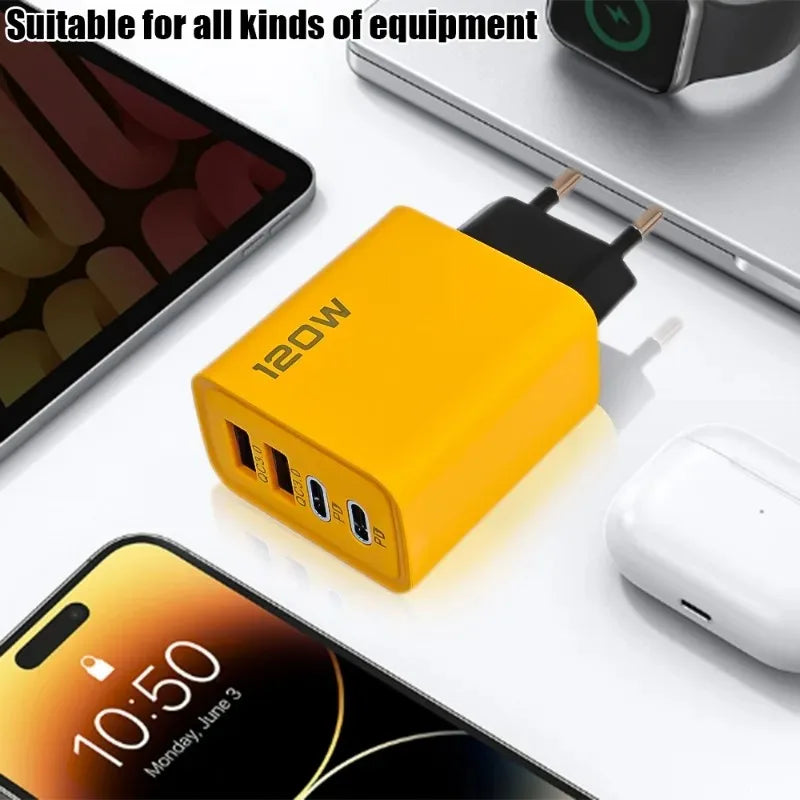 Cargador de teléfono móvil de 4 puertos de carga rápida de 120W QC3.0 cargadores USB tipo C adaptador de pared PD Dual enchufe UE/EE. UU./Reino Unido para iPhone15 Xiaomi